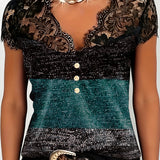 T-Shirt Col V Dentelle Patchwork Contraste Couleur