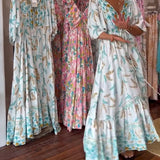 Robe longue femme col V imprimé feuilles