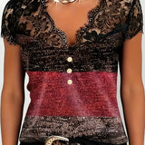 T-Shirt Col V Dentelle Patchwork Contraste Couleur