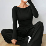 Ensemble deux pièces - haut de couleur unie et pantalon large