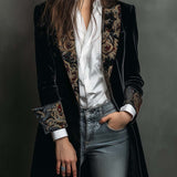 Blazer Femme Slim Fit Noir avec Revers et Imprimé Baroque