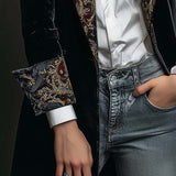 Blazer Femme Slim Fit Noir avec Revers et Imprimé Baroque