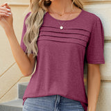 T-shirt à col en U froncé de couleur unie
