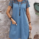 Robe de poche de couleur unie avec manches courtes en dentelle creuse