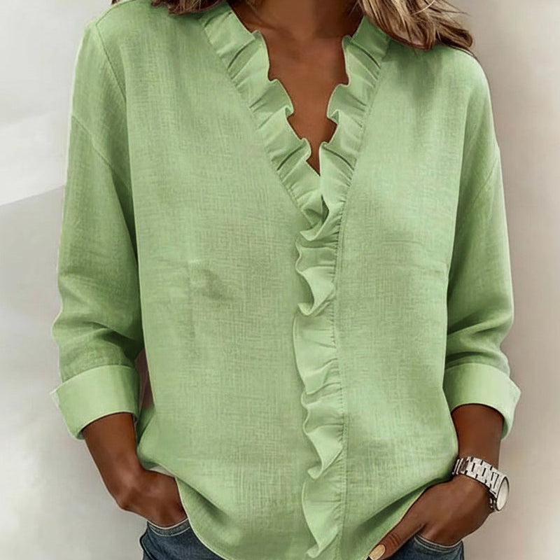 Blouse Froncé Col En V Manches Longues