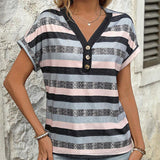 T-Shirt Col En V Trois Boutons Rayé
