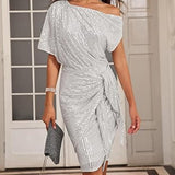Robe élégante à paillettes avec col en V et épaules dénudées
