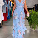 Robe élégante sans manches à col en V et imprimé floral