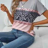 T-Shirt Col Rond Imprimé Léopard Bloc De Couleur