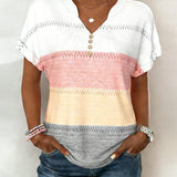 Tee Col V Panachage De Couleurs Manches Courtes
