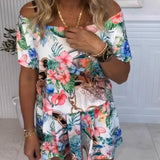 Jumpsuit avec Motifs de Plantes et de Fleurs, Style Épaules Nues
