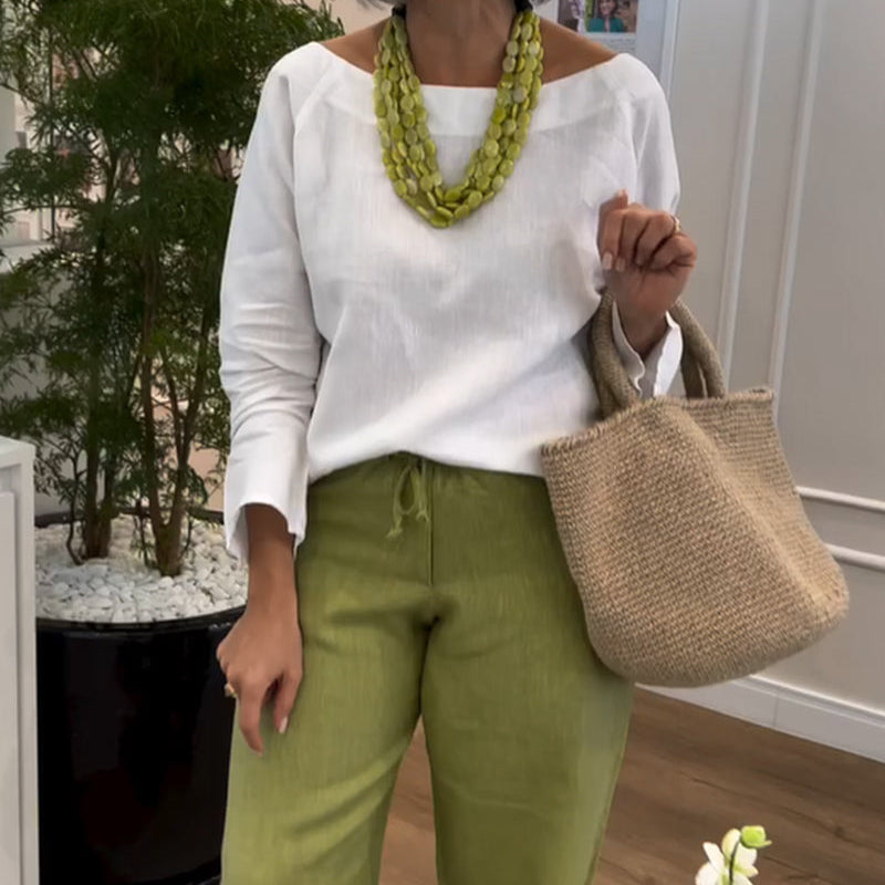 Top Simple avec Col Rond, Couleur Uni et Manches Longues