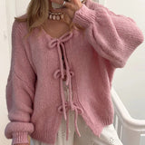 Cardigan à lacets de couleur unie de style paresseux
