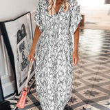 Robe tendance à col en V imprimée à manches courtes