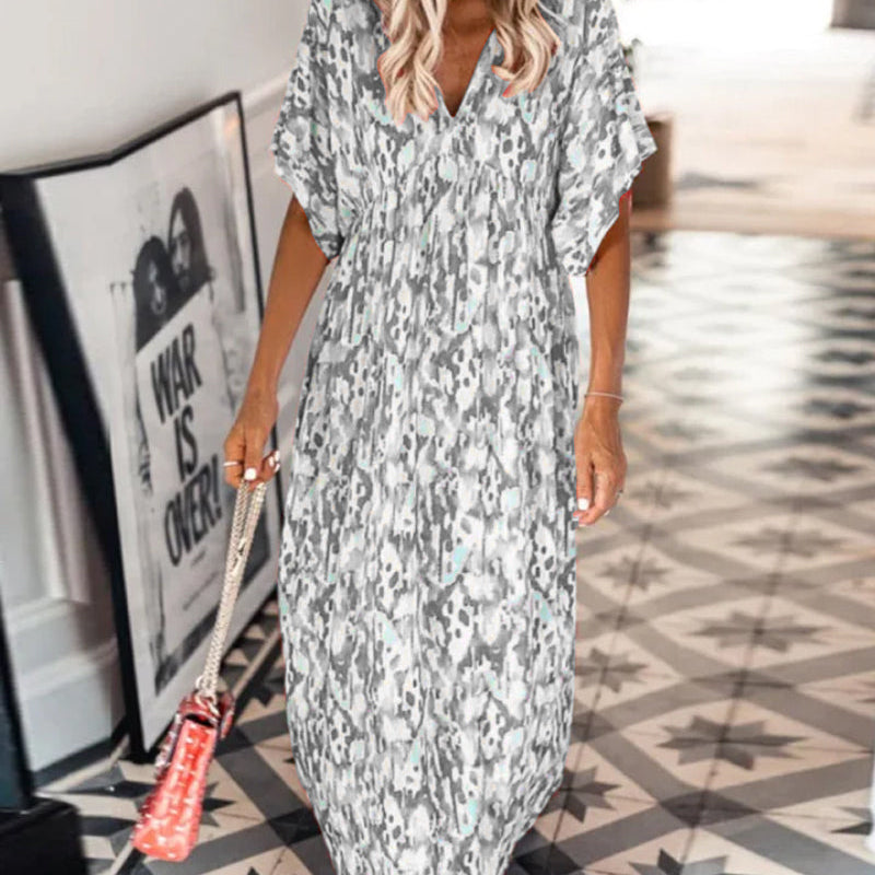 Robe tendance à col en V imprimée à manches courtes