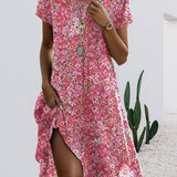 Robe Col Rond Manches Courtes Imprimé Fleuri