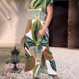 Robe fendue à manches courtes et imprimé feuilles