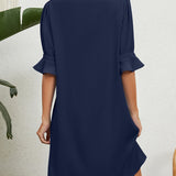 Robe à manches mi-longues froncées de couleur unie à col en V