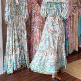 Robe longue femme col V imprimé feuilles