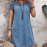 Robe de poche de couleur unie avec manches courtes en dentelle creuse