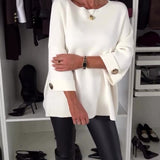 Pull tendance à boutons et col rond de couleur unie