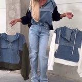 Sweat à capuche zippé en patchwork de denim décontracté