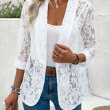 Manteau élégant à revers en dentelle florale de couleur unie