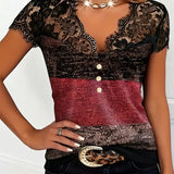 T-Shirt Col V Dentelle Patchwork Contraste Couleur