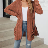 Cardigan décontracté à manches longues et poches de couleur unie