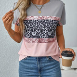 T-Shirt Col Rond Imprimé Léopard Bloc De Couleur