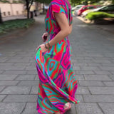 Robe longue col V imprimé coloré manches raglan