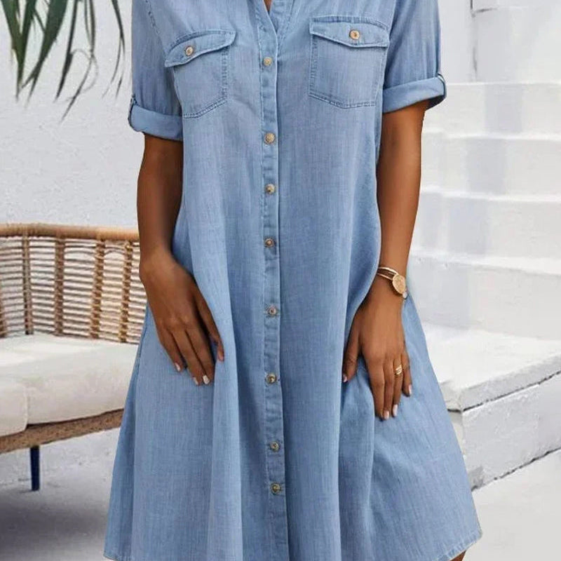 Robe Manches Courtes Col Solide Bouton