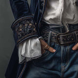 Veste Longue Femme Vintage Bleu Marine Brodée
