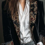 Blazer Femme Slim Fit Noir avec Revers et Imprimé Baroque