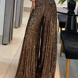 Pantalon large taille haute à sequins