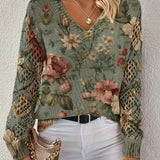 Pull Jacquard Col V Ajouré Manches Longues