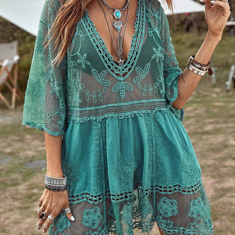 Smock V-Neck Brodé En Dentelle