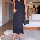 robe décontractée col en V sans manches couleur unie fendue