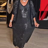 Ensemble robe fendue à paillettes de couleur unie à la mode avec col en V