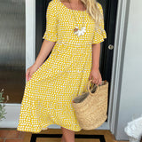 Robe midi col rond imprimé à pois