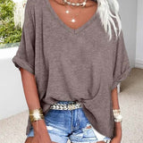 T-Shirt Col En V Ourlet Roulé Manches Courtes Large
