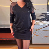 Top sexy col V en maille et sequins couleur unie
