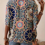 Blouse à demi-manches boutons avec col en V et imprimé rétro