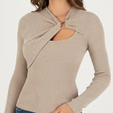 T-Shirt Femme Manche Longue Côtes Tricot Tournant Devant
