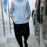 100% Coton Blouse Col Large Couleur Unie Décontracté
