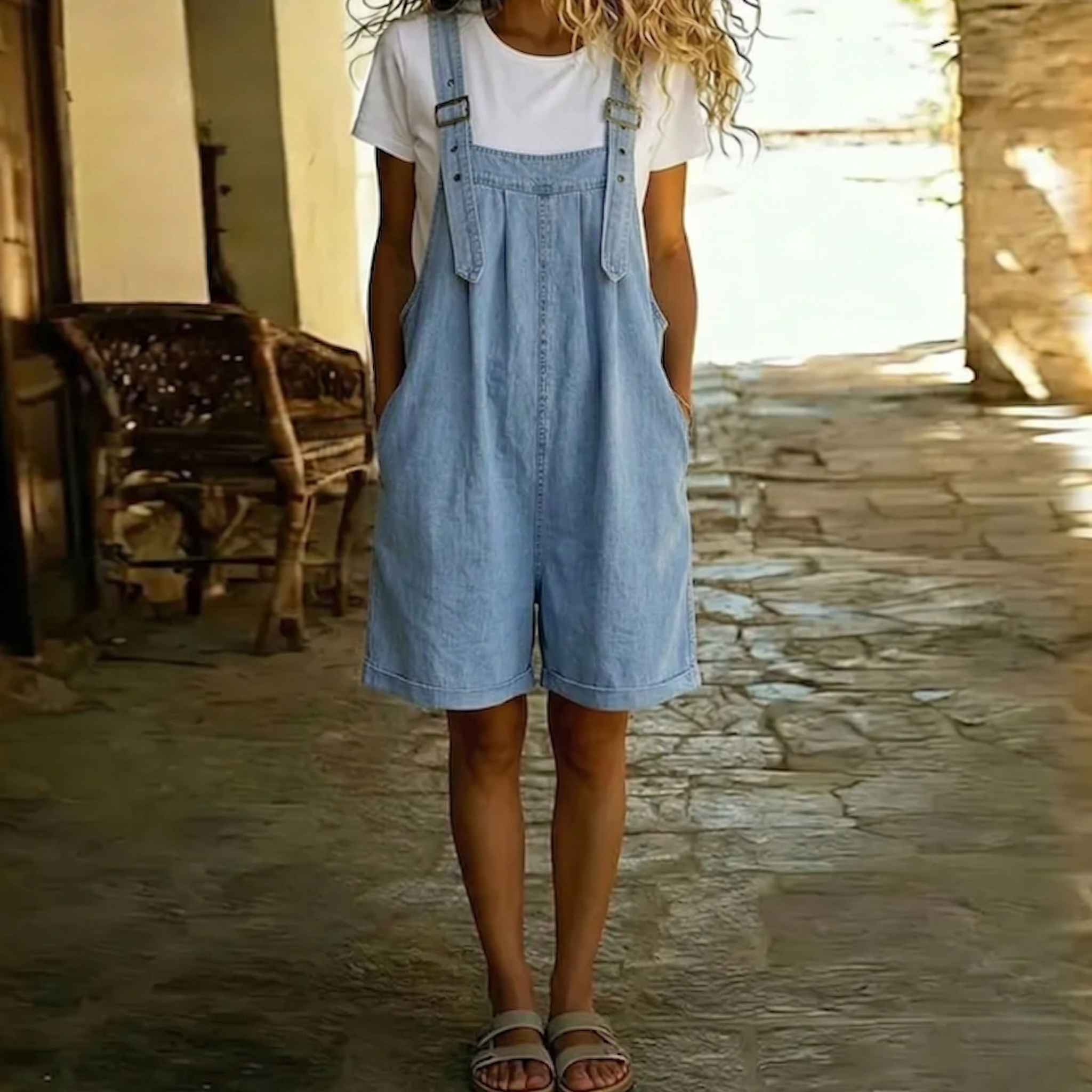 Ondine | Salopette courte en jean bleu clair