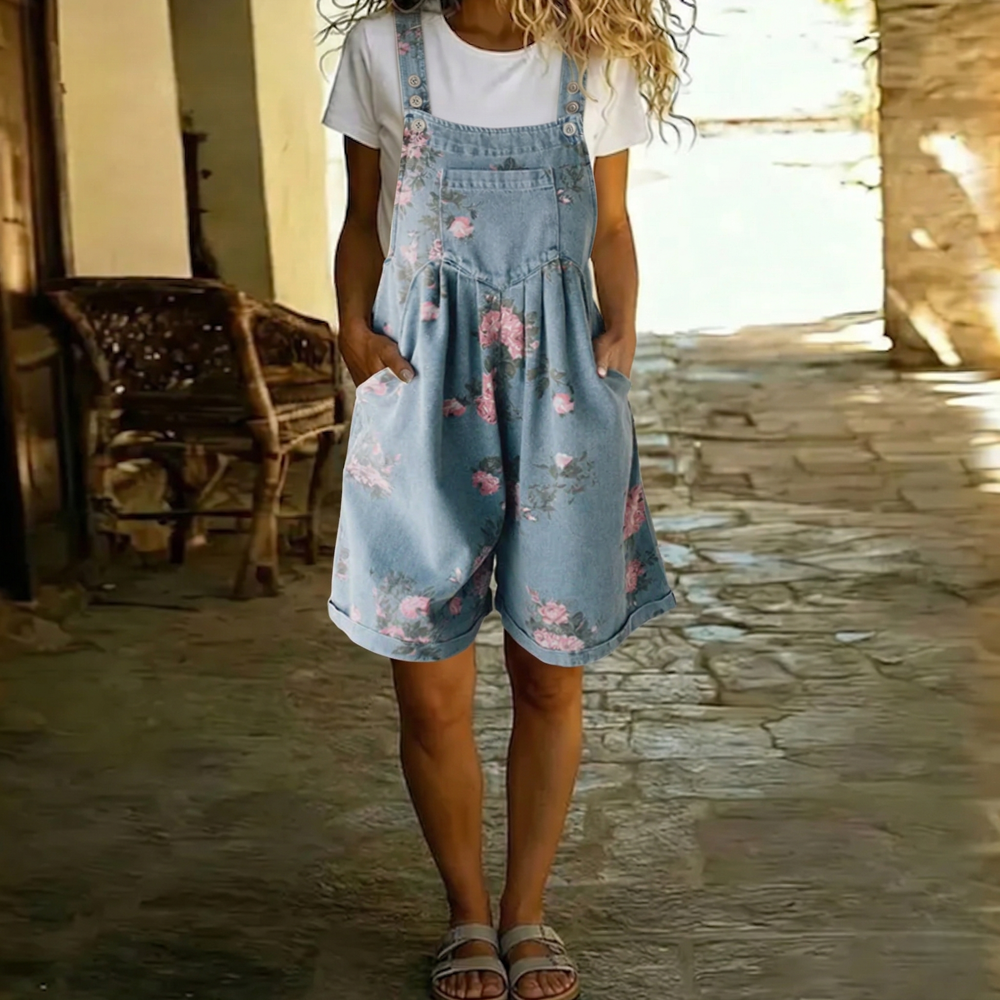 Eugénie | Combinaison en denim floral lavé vintage
