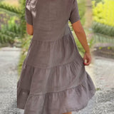 Robe en coton lin avec col en V de couleur unie