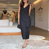 robe décontractée col en V sans manches couleur unie fendue