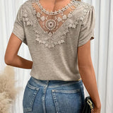 T-Shirt Couleur Unie Patchwork En Dentelle